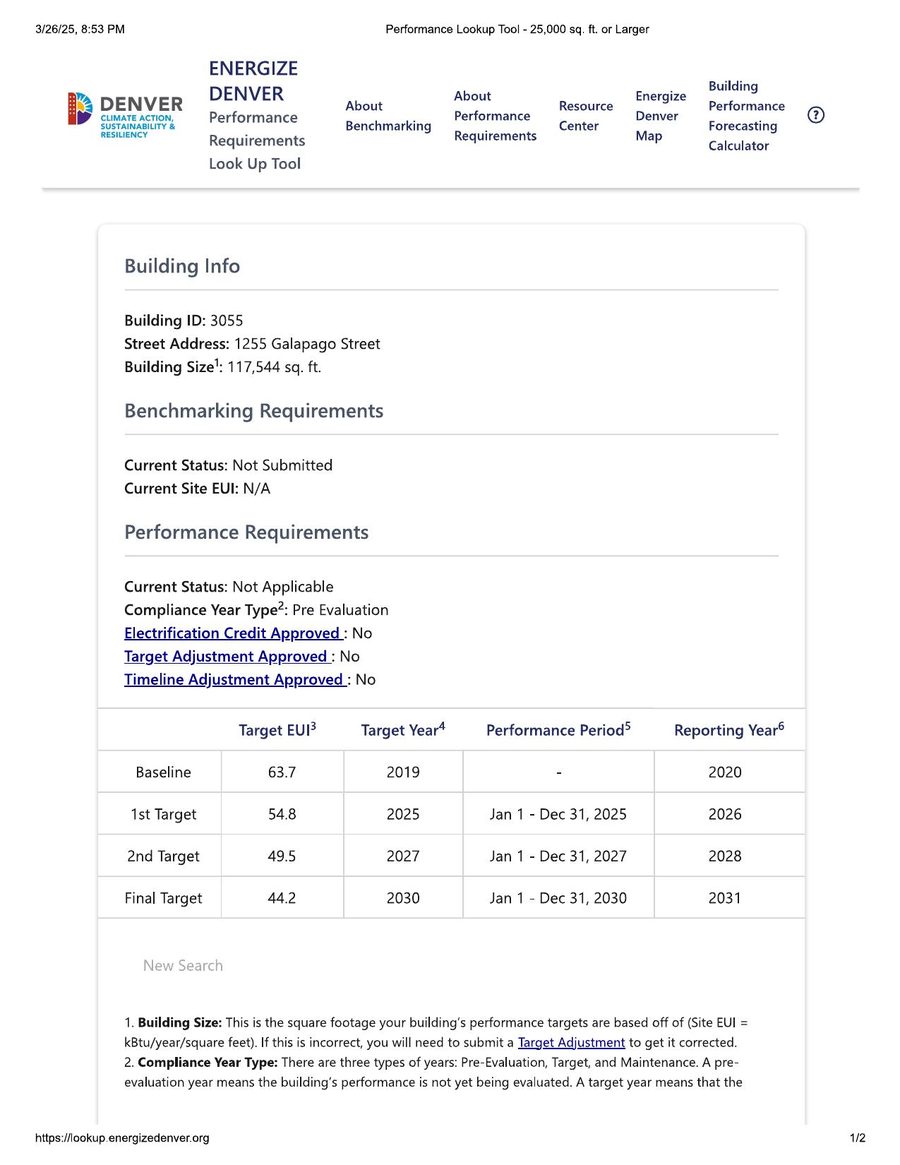 Energize Denver Performance Requirements Lookup Tool page for Building ID 3055 showing targets and no alternate compliance pathways approved or needed